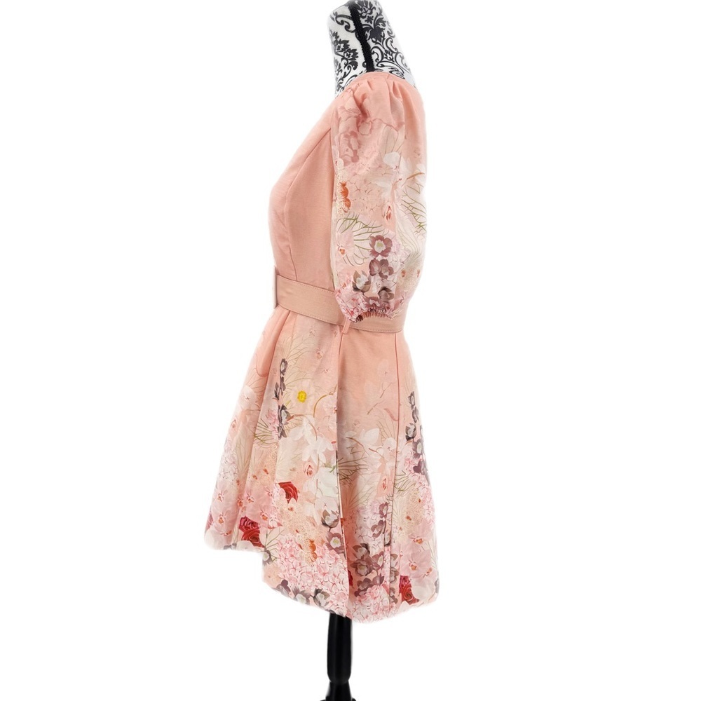 INA Pink Floral Puff Sleeve Belted Mini Dress | Romantic Spring Garden Party - Picture 8 of 10